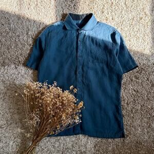 Techin New York Navy Linen Short Sleeve Button Up Shirt Made in USA Mens Size M